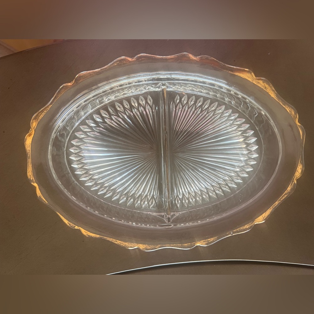 Jeanette Glass oval relish dish with a scalloped gold trim & a starburst pattern